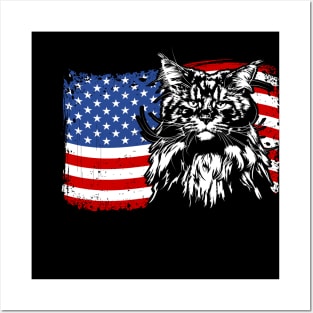 Proud Maine Coon American Flag patriotic cat Posters and Art